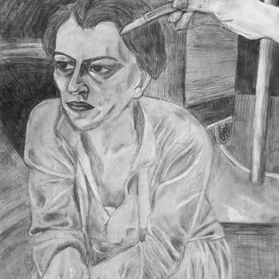 Drawing of a woman and a scalpel