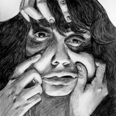 Drawing of a woman, her face being distorted