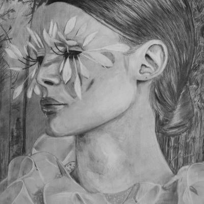 Drawing of a woman with petals around her eyes