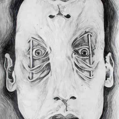 drawing of a man with his head fused