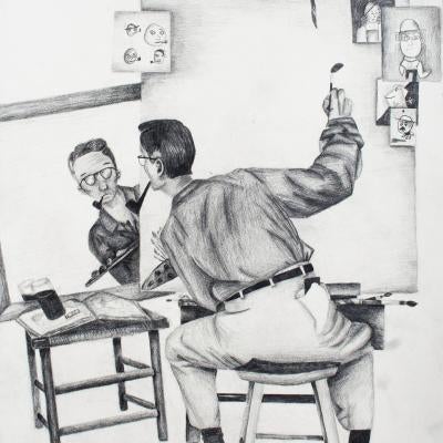 drawing of a man about to paint himself