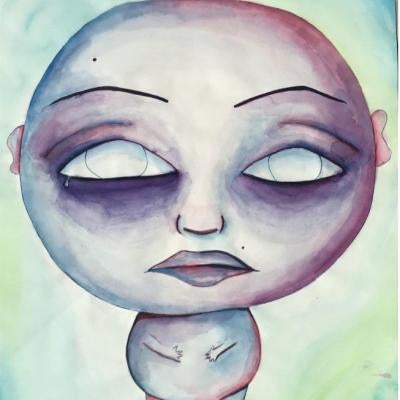 Drawing of a small creature with a big head