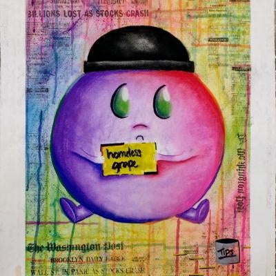 Drawing of a grape asking for help