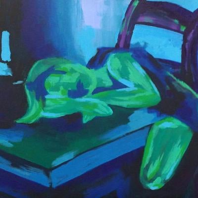 painting of a woman laying her head on table