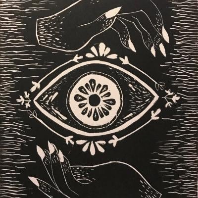 printmaking piece of an eye and hands