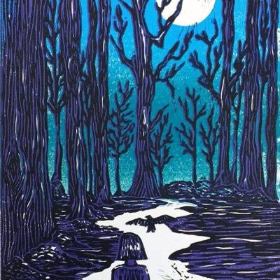 printmaking piece of a girl in the forest