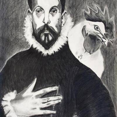 drawing of a man and his rooster