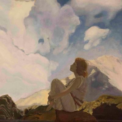 painting of a woman looking at the sky