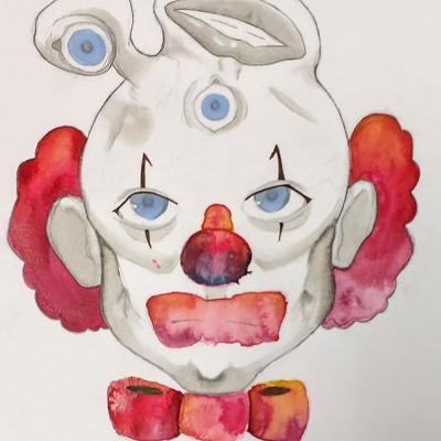drawing of a clown, mouth on top of head