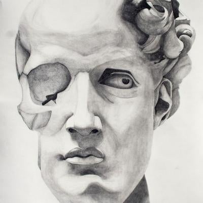 Drawing of a bust and skull