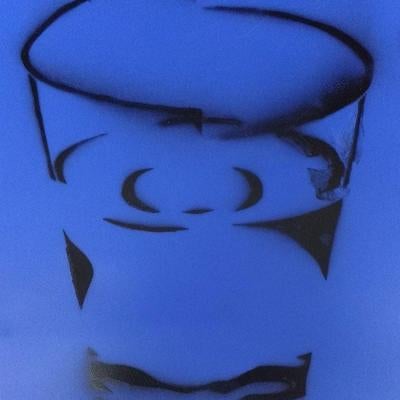 printmaking piece of a glass, blue background