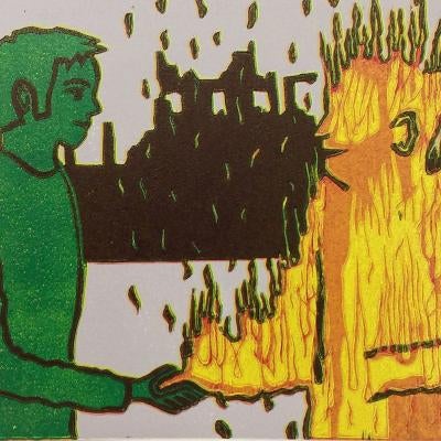 printmaking piece of two people shaking hands