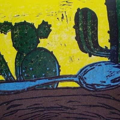 Printmaking piece of a spoon in a desert