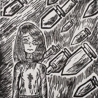 Printmaking piece of bombs dropping on a person