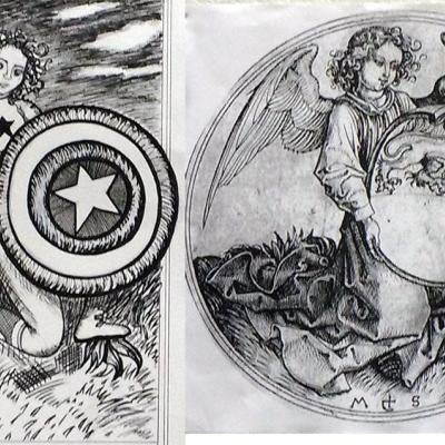 drawing of two characters, one with a captain america shield