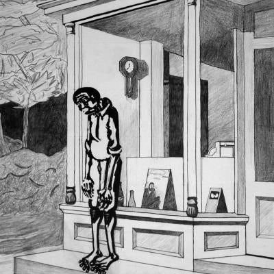 drawing of a man outside a store