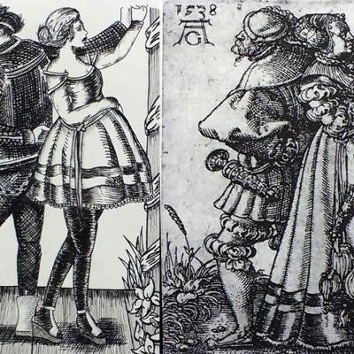 drawing of two different couples, back to back