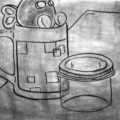 drawing of a mario themed mug and jar