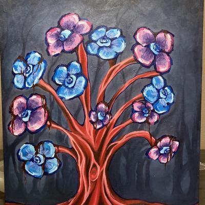 painting of blue and purple flowers