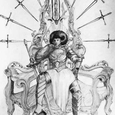 Drawing of a person sitting on a throne