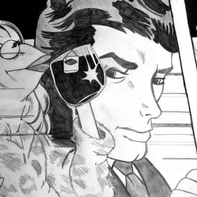 drawing of a man and kermit with a wig