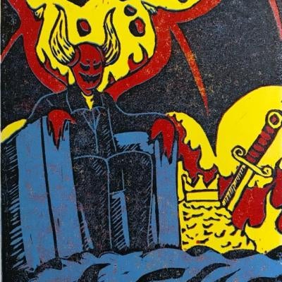 Printmaking piece of a demon sitting on a throne