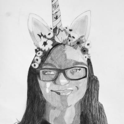 Drawing of a girl wearing a unicorn hat