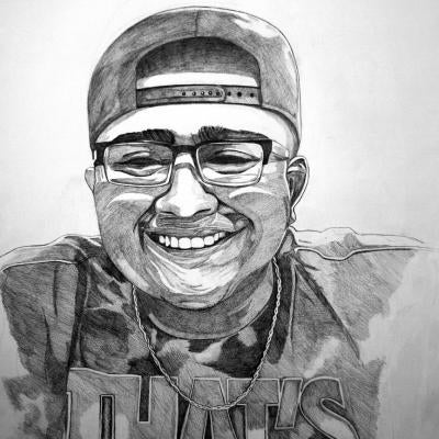 drawing of a man with a backwards hat