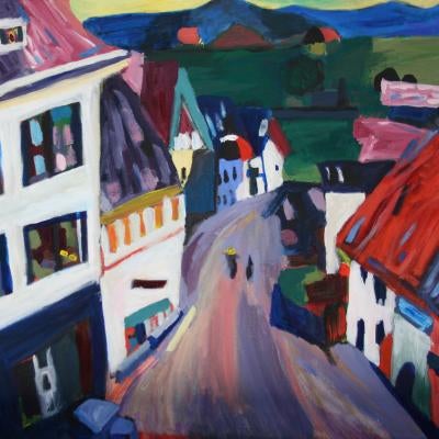 painting of a street and homes
