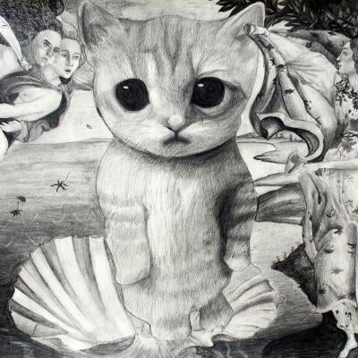drawing of a cat with large eyes