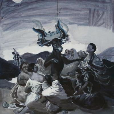 painting of a horned figure surrounded by people