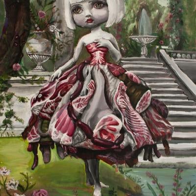 painting of a woman wearing a meat dress