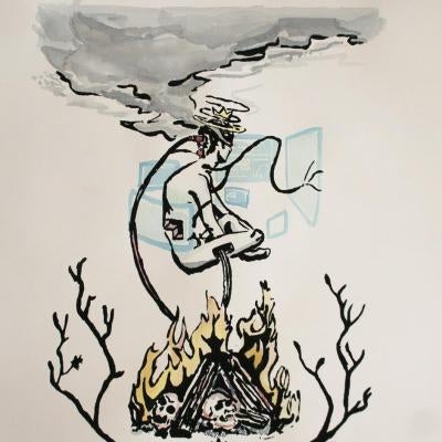 printmaking piece of a man floating above a campfire