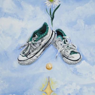 painting of shoes floating in the sky