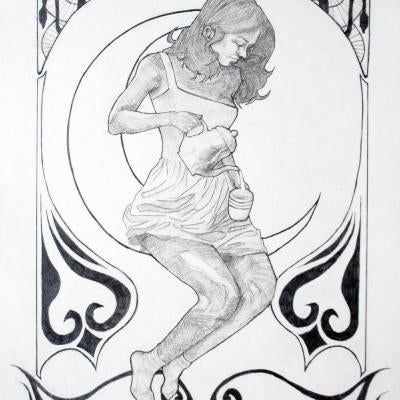 drawing of a woman pouring a cup of tea