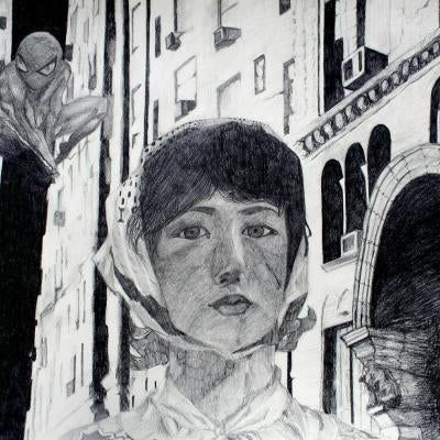 drawing of a woman, spiderman in the background