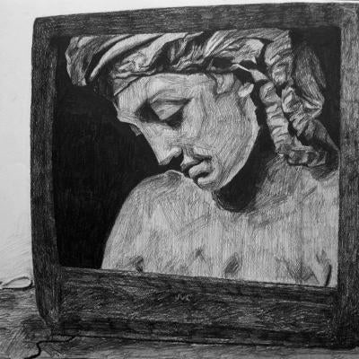 Drawing of a statue on a TV