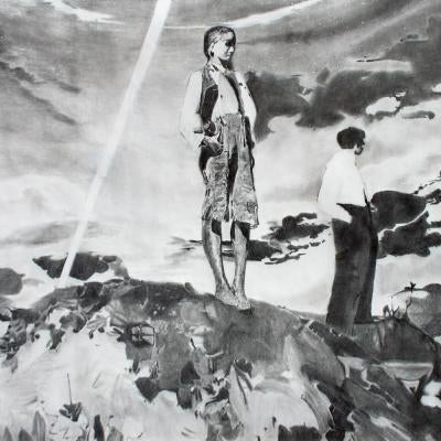 Drawing of two people standing on a hill