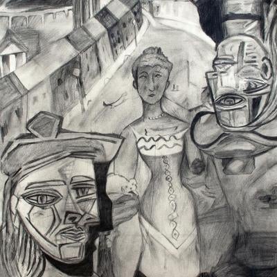 Drawing of a woman and abstract art