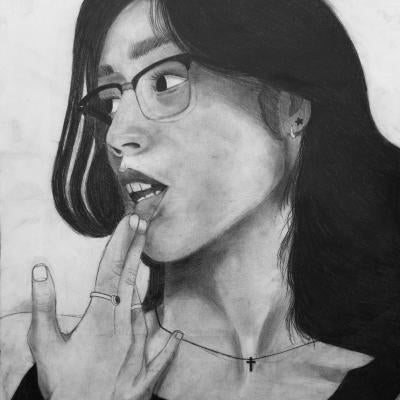 Drawing of a woman with her mouth open