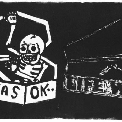 printmaking piece of skeletons in coffins