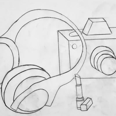 Drawing of headphones and a camera