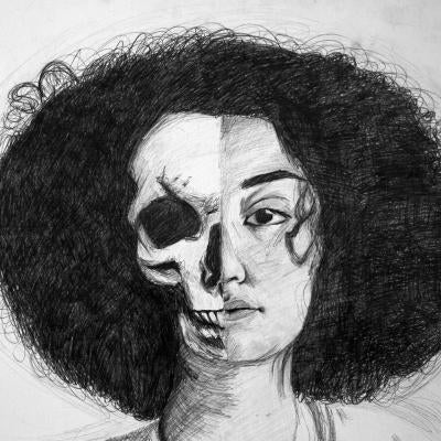 drawing of a woman, half of skull visible