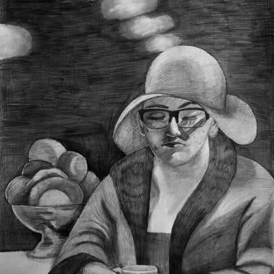 drawing of a woman in a hat
