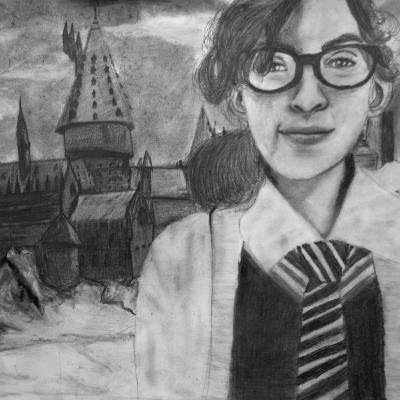 Drawing of a young wizard at Hogwarts