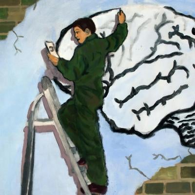 Painting of a guy painting a brain