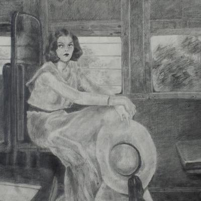 drawing of a woman holding her hat