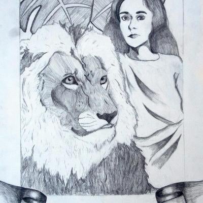 drawing of a woman and a lion, text says strength