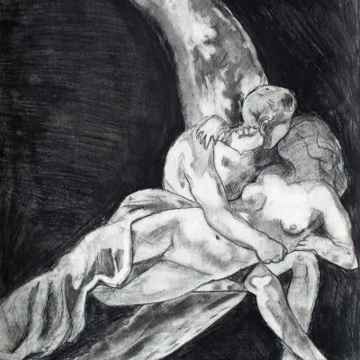 Drawing of a couple on the moon
