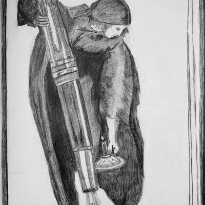 Drawing of a woman with a huge pen